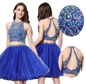 Two Pieces Homecoming Dresses 2020 Cheap Beaded Backless Tulle Lace High Neck 8th Graduation Dresses Short Party Prom Dress5013397