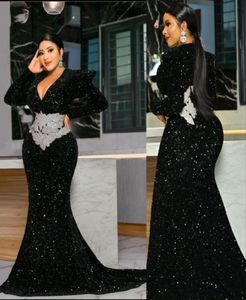 2022 Sexy Black Bling Sequine Conind Curise Вечерние платья носить русалку глубоко v Nece с длинными рукавами с блестками платья для вечеринок.