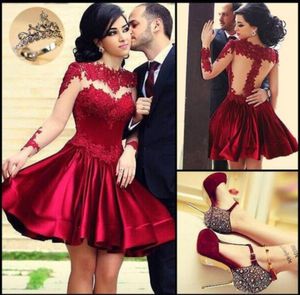 2018 Perfect Illusion Neckine Prom Dresses Red Bodice High Collar Sheer Long Sleeves Evening Ball Gowns ShortMini Party Prom Dres3859911