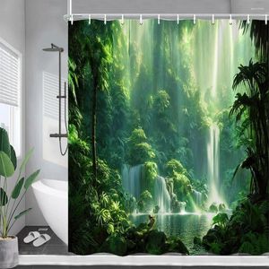 Duschgardiner Tropiska regnskog Jungle Plants Forest Waterfall Bath Curtain Polyester Tyg Badrumsdekor Set med krokar