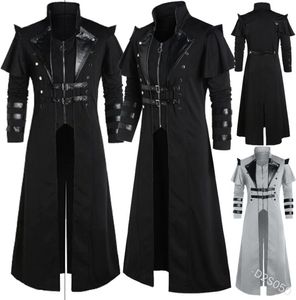 Halloween Medieval Steampunk in Elves Pirate Costume For Adult Black Vintage Long Split Jacket Gothic Armor Leather Coats3233499