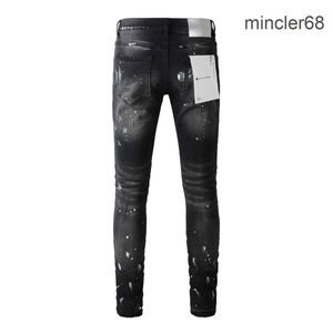 Jeans de marca roxa 1 1 2024 Slim Tide Fashion Jeans High Street Black Paint envelhecido