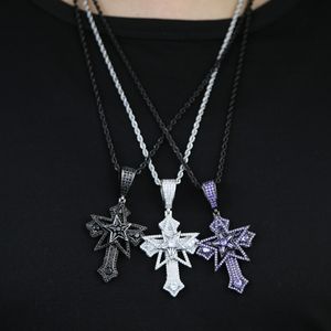 Iced Out Cross Pendant with Five-pointed Star Necklace Prong Setting Bling 5A Cz Paved Hip Hop Lucky Jewelry