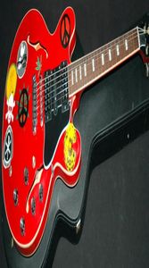 Anpassad butik Alvin Lee Semi Hollow Body Big Red 335 Jazz Electric Guitar Multi Stickers Top Small Block Inlay 60s Neck HSH Picku4728627