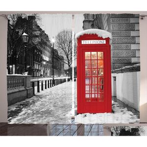 Zasłony zasłony Londyn czerwony kabinę telefoniczną zima świt śnieg w Anglii Wielka Brytania symbol miejska scena sypialnia mieszka dla dzieci pokój młodzieżowy dh7lv