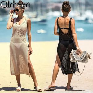 Summer Fashion Selling Hollow Out Knitted Tank Top Dress V-neck Split Long Dress Sexy Beach Suit Swimwear Bikini Cover Up 240403