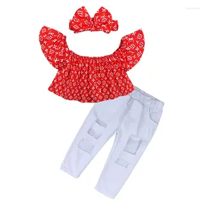 Clothing Sets Girl 3pcs Clothes Set Children Off Shoulder T-shirt Ripped Jeans Headband Kid Outfits