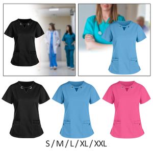 Womens Scrub Top Short Sleeves with Multi Pockets Shirt Professional Nurse Uniform Scrub Top for Beauty Center SPA Pet Shop