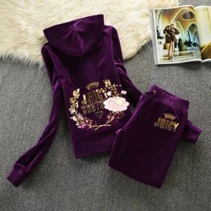 Vintage Juicy Casual Velvet 2 Stück Set Herbst Casual Paillon Tracksuit Langarmdusenhodie Sweatshirt und Hosen Frauen Tracksuit