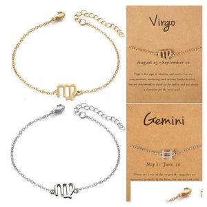 Bracelets de charme 12 constelações com card zodíaco Horoscópio Pattern Chain Bracelet Jewelry Gifts for Women Whepsale Drop de Dh4me