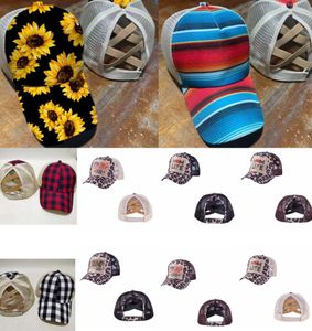 Criss Cross High Ponytail Hut gewaschene Sonnenblume Baseball Mütze Messy Buns Trucker Caps Plaid Leopard Hats Snapback Trump Mesh Hats GG2283947