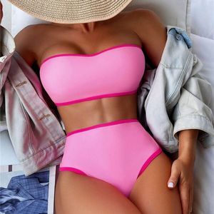 Bikini neuer fester Farbe trägerlos hohe Taillierte Bikini Bikini Badeanzug Frauen geteiltem Körper Badeanzug
