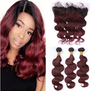 T1B 99J Bourgogne ombre Virgin Human Hair Wefts With Frontal Body Wave Dark Roots Wine Red Ombre Full Lace 13x4 Stängning med bunte8149708