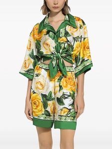 Designer Skirt 24 Summer Silk French Vintage Romantic Yellow Rose Print Flip Collar Short Shirt Shorts Set