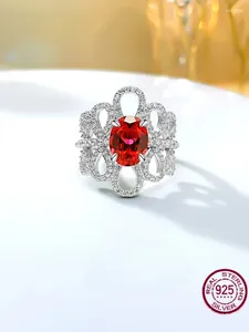 Ringos de cluster Flower Artificial Red Treasure 925 Sterling Silver Ring Set com diamantes de alto carbono Jóias de casamento exclusivas