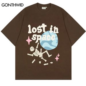 パンクTシャツストリートウェアヒップホップスカルスケルトンレタープラネットプリントゴシックロックTシャツハラジュクカジュアルコットン半袖トップ240410