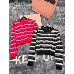 Women's Knits & Tees Early Spring Three-dimensional Miu Letter Mohair Stripe Color Blocking Slim Fit Short Knitted Sweater for Women