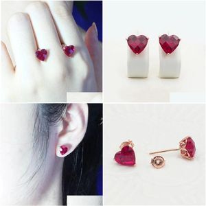 Stud 585 Purple Gold 14K Rose Heart Ruby Earrings For Women Romantic Light Luxury Ear Studs Engagement Smycken Drop Delivery Dhoz7