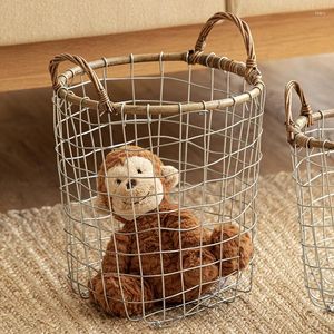 Laundry Bags American Style Vintage Simple Vine Wire Woven Baskets Children's Toys Storage Frame With Handles Organization Barrel