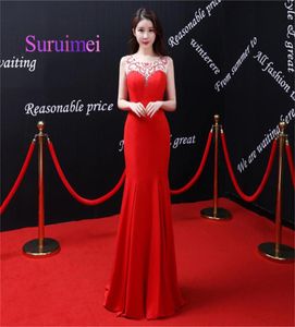 2020 Red Long Mermaid aftonklänningar Scoop Neck med Crystal Sleeveless Prom -klänningar för festklänning5148822