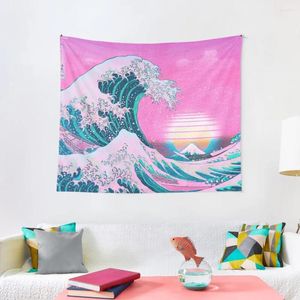 Tapisserier Vaporwave Eesthetic Great Wave Off Kanagawa Retro Sunset Tapestry Living Room Decoration Decorating