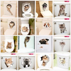 Lovely Cat Dog Toilet Stickers Home Decoration Diy Funny Cartoon Animal Wc Mural Art Vivid 3d Kitten Puppy Safari Pvc Wall Decal 240408