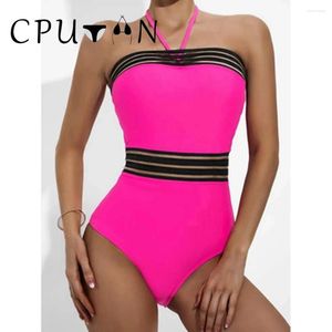 Kvinnors badkläder Cputan 2024 Push Up One Piece Swimsuit Mesh Halter Bathing Suit Women Vintage Solid Brasilian Summer Beachwear Monokini