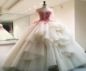 2017 Elegant Illusion Bodice Ball Gowns Wedding Dresses Full Long Sleeves Floor Length Sweep Train With Rose Petal Princess Bridal9068689