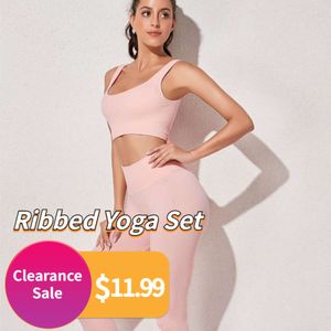 Lu Set Jumpsuit Align Lemon Clearance Sale Ribbed Yoga Women Athletic Wear Workout Set Gym Clothes Fiess Bra+ High midjen sömlösa leggings