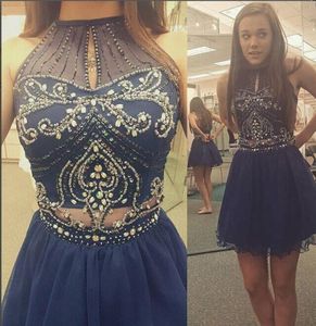 Vestido brilhante de duas peças Turqueise Tulle Escola Curta Escola formal Aline Halter Crystal Sheer Navy Blue Prom Dress4887124