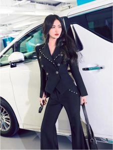 Women's Two Piece Pants Spring Autumn Office Lady Fashion Casual Brand Female Women Girls Slim Rivet Coat Set Suit Clothing