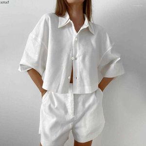 Kvinnor Tracksuits 2023 Womens Shorts Two Piece Set Short Half Sleeve Shirt Top Fashion Casual High Midist Linen Suit Streetwear 2MZU