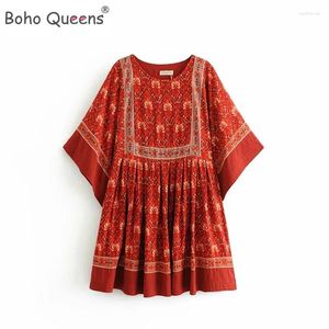 Sukienki imprezowe Boho Queens Kobiety Czerwony kwiatowy nadruk O-Neck Loose Happie Bohemian Mini Ladies Batwing Sukni