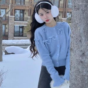 Kadın Örgüler 2024 Tatlı Yay Sweater Yuvarlak Yuvarlak Yaka Cardigan Sonbahar Kış Korece Versiyon Giyim fırfır manşetleri gevşek ceket