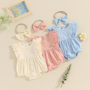 Kläderuppsättningar Baby Girl 2 Piece Outfits Round Neck Frill Trim Sleeveless Solid Color Romper 3D Bow pannband Spädbarn Toddler Summer Set