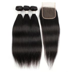 3 pacotes com fechamento de renda 4x4 cor natural reta 100 Extensão de cabelo humano Remy Brasileiro Indian Virgin Hair Weft8302190