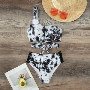 Damen Badebekleidung Krawatte Dye bedruckt 2 Stück Badeanzug Frauen hohe Taille Bikini Single Schulter hohl Out Rückenless Schnürbadeanzug Strand Strand