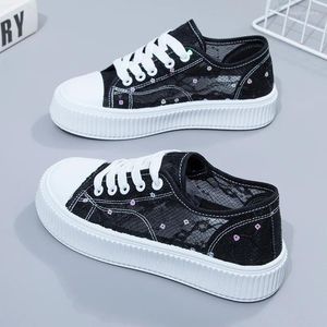 Casual skor kvinnor paljett spets kvinna andas mesh sneakers lägenheter plattform canvas loafers komfort grunt promenad svart