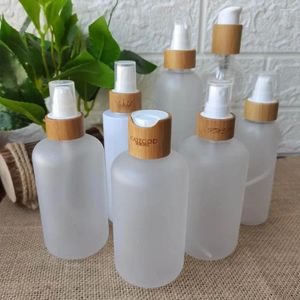 Storage Bottles Engraving Logo Transparent White Empty 120ml 150ml Bamboo Cosmetic Packaging Pump Bottle Frosted Plastic Dropper