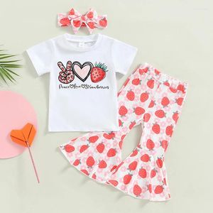 Set di abbigliamento per bambini piccoli vestiti estivi lettera stampare fragole a manicotto ganer t-shirt pantaloni per pantaloni per pantaloni per la fascia