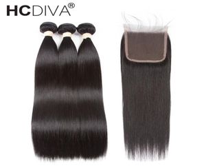 PreColored Peruvian Straight Hair with Stängning Remy Human Hair Weaves 3 Bunds med stängning Naturlig svart färg HCDIVA Hår9752423