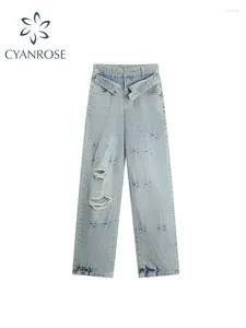 Women's Jeans Vintage Ripped Light Blue Harajuku Streetwear 2000s High Waist Denim Pants 90s Y2k Baggy Wide Leg Cowboy Trousers