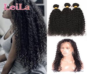 Peruwiańskie ludzkie włosy Kinky Culry 3 wiązki z 360 koronkowymi czołowymi przedeczkowanymi perwersyjnymi kręconymi 4 sztukami Leilabeautyhair3994898