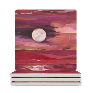 Table Mats Moon Rise Pink Ceramic Coasters (Square) Drinks Set Decoration And Accessories Cute