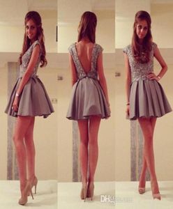 New Style 2014 Homecoming Dresses Grey Capped Sexy Open Back Crew Beaded Appliques Satin Short Dress for College Party Ball Gown H1622925