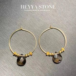 Hoop Earrings HEYYA STONE Natural Smoky Quartz Simple Classic Round Circle Gemstone Jewelry Handmade 14K GOLD Exclusive