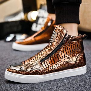 Casual skor mode blixtlås män hög topp sneakers lyxguld glitter märke krokodil läder designer mäns vulkaniserade