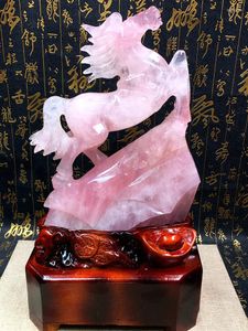 Dekorativa figurer 2700G Natural Pink Crystal Quartz Carved Horse Home Decor Healing Gift Stand