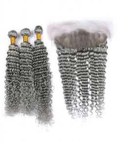 Grey 8A Peruvian Virgin Hair Sliver Gray Deep Wave Curly Hair Weave Wavy With 134 Lace Frontal Closure Unprocess Human Hair Bundl9957494