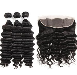 8a Indian Lose Deep Wave Hair Bündel mit Spitze Frontal Indian Jungfrau Haarverlängerungen 3 Bündel mit 13x4 Ohr -Ohr -Ohr -Spitze Frontal3954286